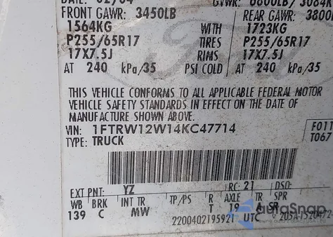 2004 Ford F-150 Xlt from USA, damaged, VIN 1FTRW12W14KC47714